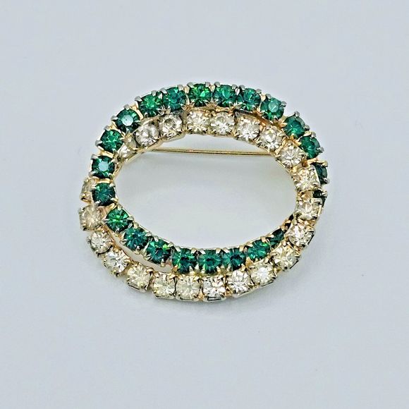 Emerald Green Brooch Vintage Open Double Oval Crystal May Statement Jewelry Pin - Picture 8 of 10